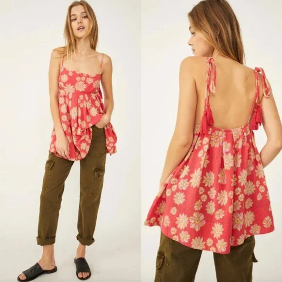 Free People Indigo Molly Tunic Tank Top Blouse Floral Boho Oversized Tie Tassel - Picture 13 of 14